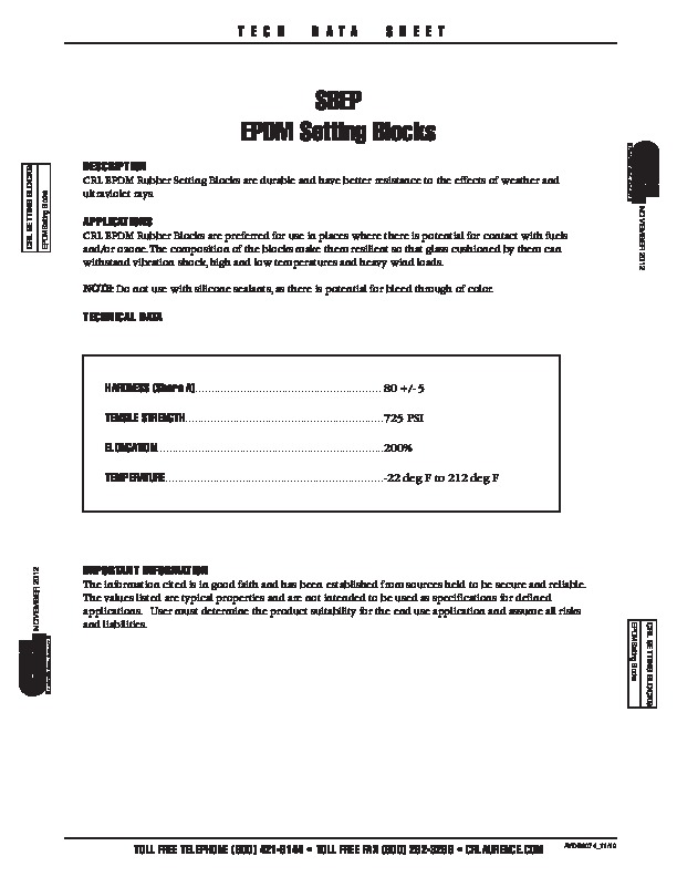 pack of 100 CRL SBEP2-XCP100 CRL 1/8" x 1-1/8" x 4" EPDM Rubber Setting Blocks 