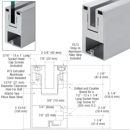 CRL-Blumcraft® Mill Clear Anodized RG650 Series Two Piece Fascia Mount Base Shoe