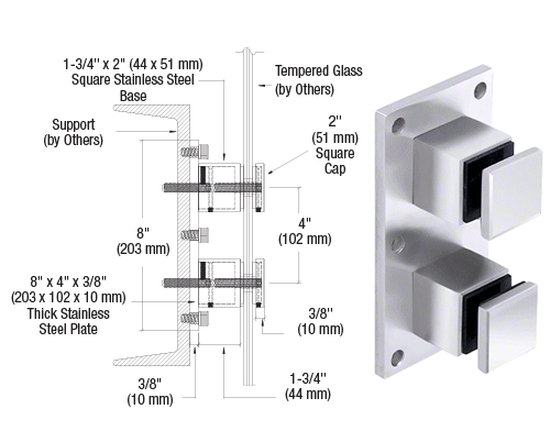 CRL Glass Rail Square Standoff Fitting with Mounting Plate